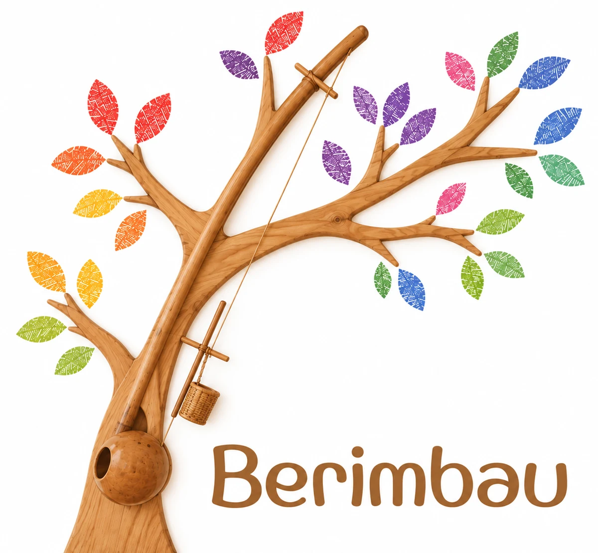Logotip de Berimbau: un arbre amb fulles de colors i un berimbau, l’arc musical brasiler amb carabassa, que en forma el tronc